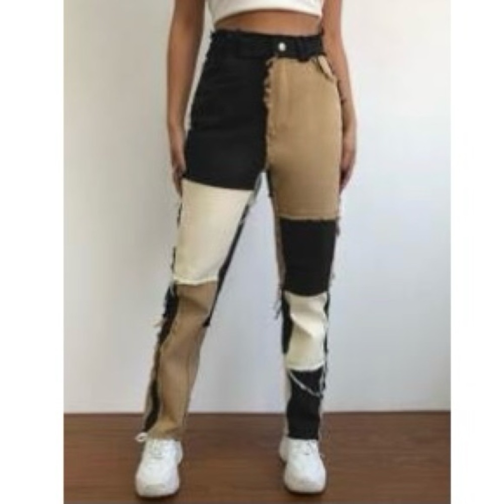 Colorblock Spliced Raw Detail Pants